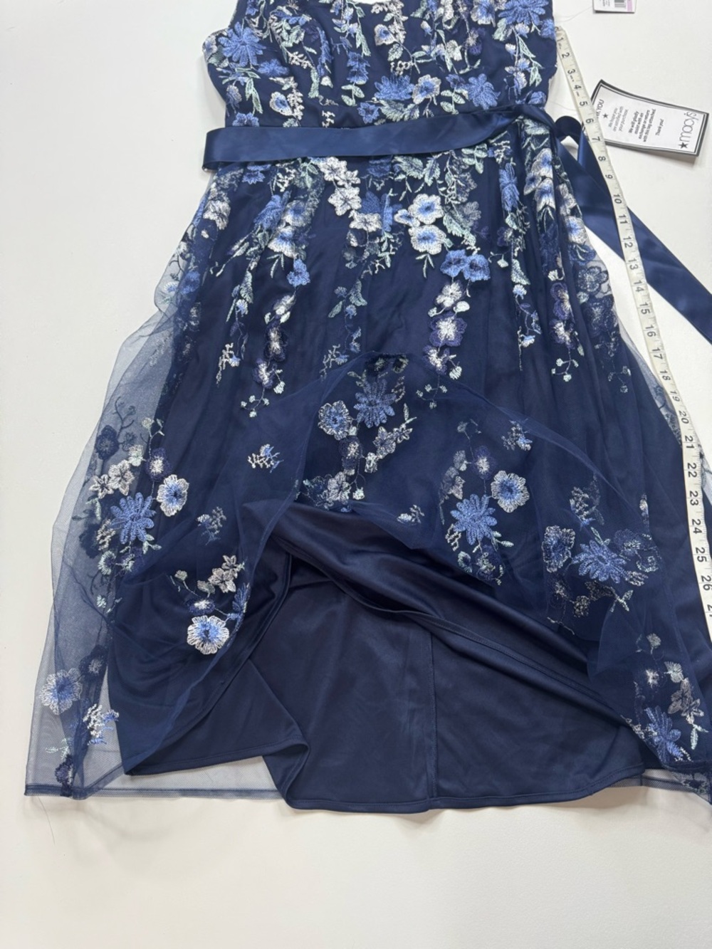 Alex Evenings Navy Blue Floral Midi Dress with Satin Ribbon - Picture 13 of 14